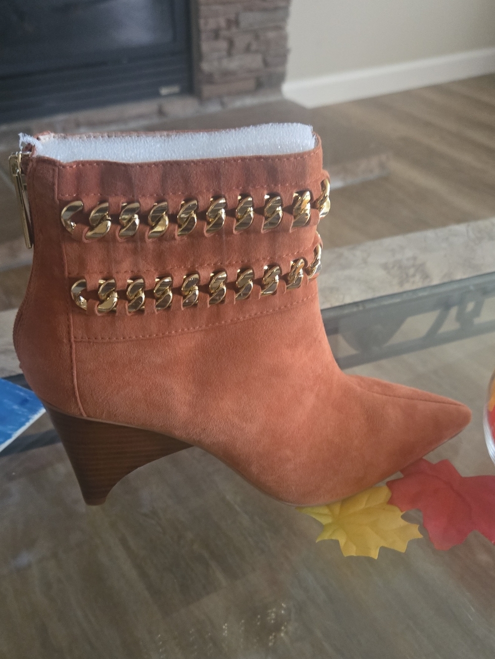 CECELIA NEW YORK Rust Suede Pointed Ankle Booties with Gold Chain Detail